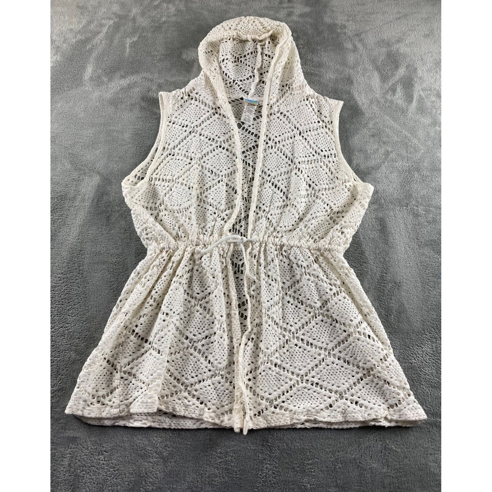 Le Cove Womens White Crochet Hooded Sleeveless Swim Cover Up Drawstring Large